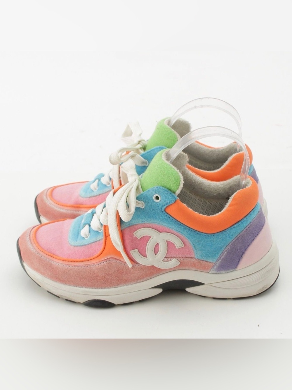 Chanel Fabric Suede Calfskin CC Sneakers EU 38 White Multicolor / Rainbow